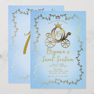 Invitation Gold Princess Carriage Blue Storybook Sweet 16