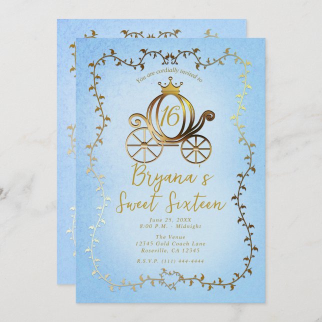 Invitation Gold Princess Carriage Blue Storybook Sweet 16 (Devant / Derrière)