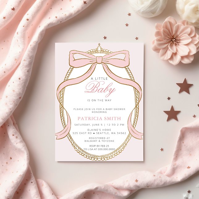 Invitation Gold Princess Coquette Baby shower à cou rose (Gold Princess Coquette Pink Bow Baby Shower Invitation)