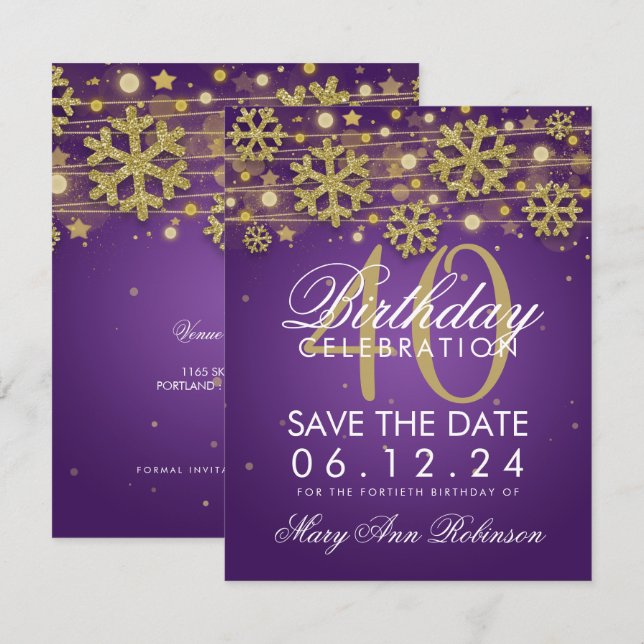 Invitation Gold Purple 40e anniversaire Date de sauvegarde hi (Devant / Derrière)