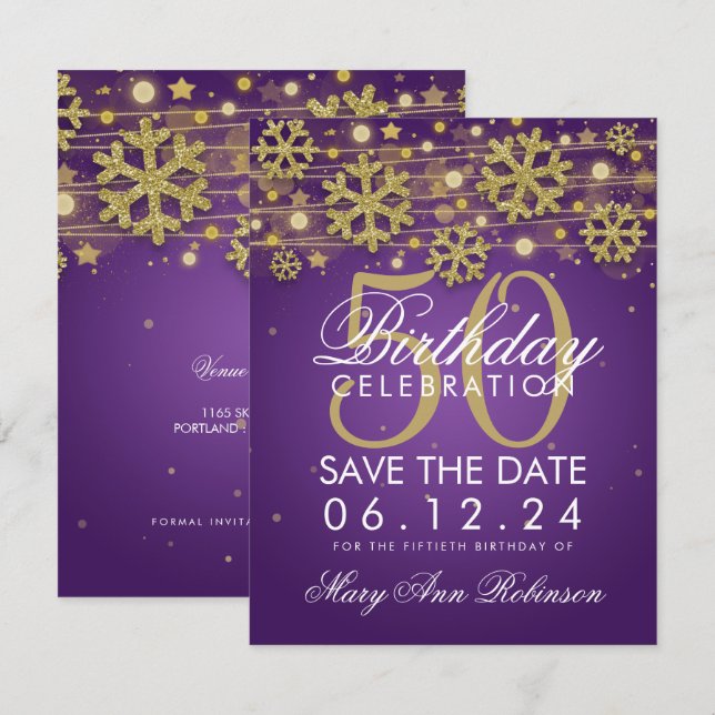 Invitation Gold Purple 50e anniversaire Date de sauvegarde hi (Devant / Derrière)
