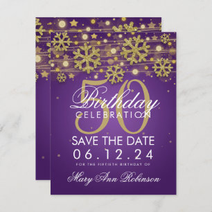 Invitation Gold Purple 50e anniversaire Date de sauvegarde hi