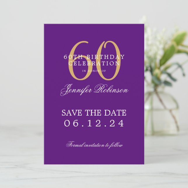 Invitation Gold Purple 60e anniversaire Enregistrer la date (Debout devant)