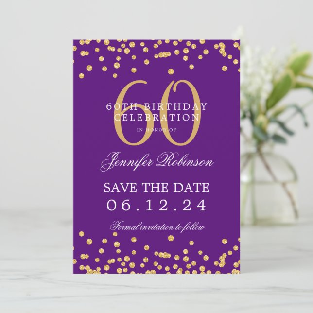 Invitation Gold Purple 60th Birthday Enregistrer la date Déta (Debout devant)