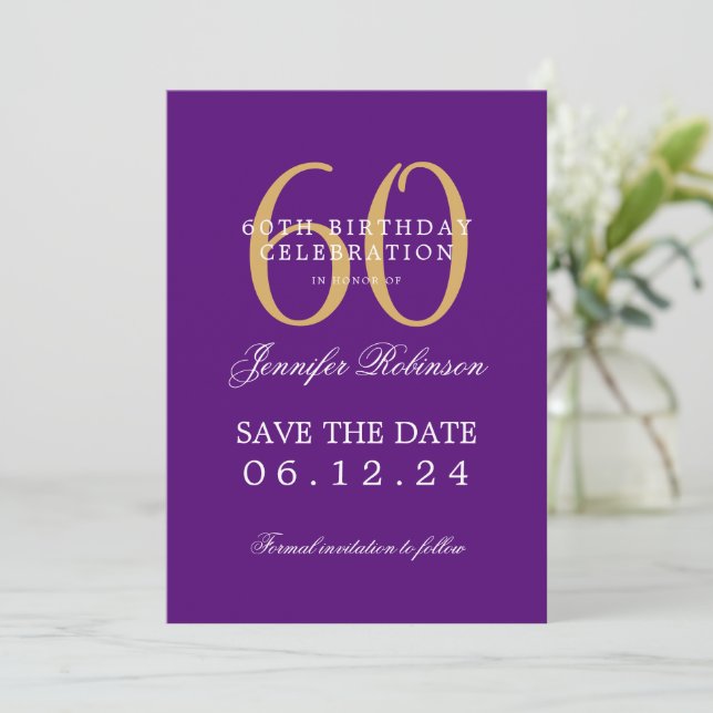 Invitation Gold Purple 60th Birthday Save Date avec détails (Debout devant)