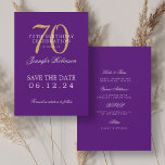 Invitation Gold Purple 70th Birthday Enregistrer la date avec<br><div class="desc">Design élégant "70th Birthday Party" avec un script de typographie formel,  nom personnalisé et texte de détails. Facile à utiliser et facile à personnaliser. Commandez aujourd'hui !</div>