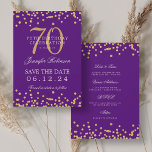 Invitation Gold Purple 70th Birthday Enregistrer la date Déta<br><div class="desc">Elégant design "70th Birthday Party" avec faux confettis de parties scintillant & détails texte. Facile à utiliser et facile à personnaliser. Commandez aujourd'hui !</div>