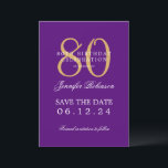 Invitation Gold Purple 80th Birthday Enregistrer la date Déta<br><div class="desc">Design élégant "80th Birthday Party" avec un script de typographie formel,  nom personnalisé et texte de détails. Facile à utiliser et facile à personnaliser. Commandez aujourd'hui !</div>