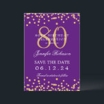 Invitation Gold Purple 80th Birthday Enregistrer la date Déta<br><div class="desc">Elégant design "70th Birthday Party" avec faux confettis de parties scintillant & détails texte. Facile à utiliser et facile à personnaliser. Commandez aujourd'hui !</div>