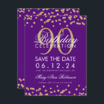 Invitation Gold Purple 90th Birthday Save Date Confetti<br><div class="desc">Elégant design "90e anniversaire fête" avec Gold Faux Parties scintillant Confetti Purple et nom personnalisé et texte de détails. Facile à utiliser et facile à personnaliser. Commandez aujourd'hui !</div>