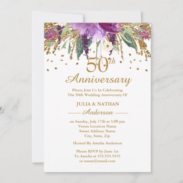 Invitation Gold Purple Amethyst Floral 50e Anniversaire (Devant)