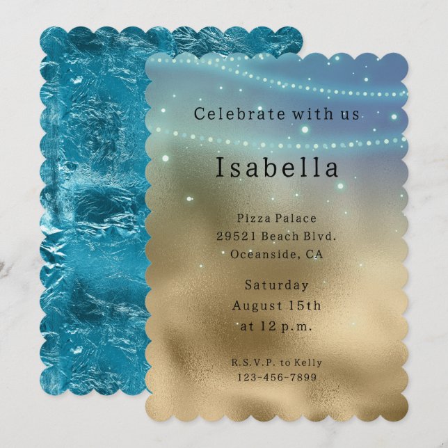 Invitation Gold Purple Aqua Sparkle Glitzy Mermaid Anniversai (Devant / Derrière)