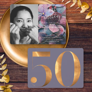 Invitation Gold Purple Blue Hydrangeas 50e anniversaire Photo