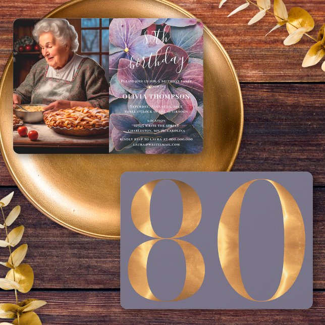 Invitation Gold Purple Blue Hydrangeas 80e anniversaire Photo (Front / Back)