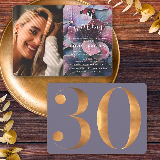 Invitation Gold Purple Blue Hydrangeas photo 30e anniversaire (Front / Back)