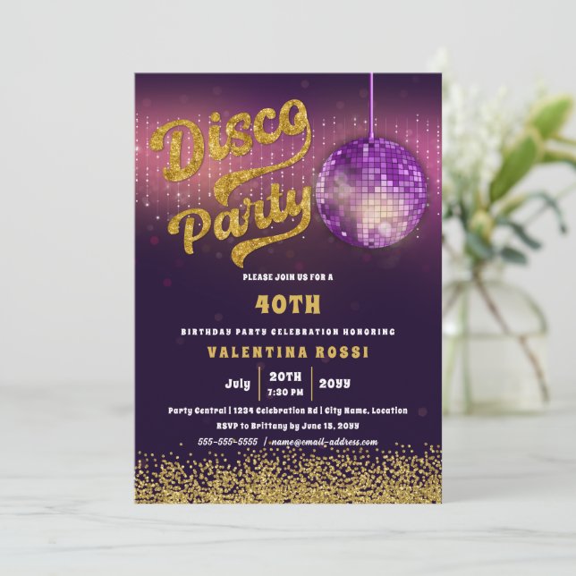 Invitation Gold Purple Disco Party Anniversaire (Debout devant)