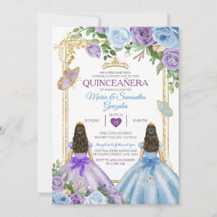 Invitation Gold Purple Et Bleu Floral Couronne Twin Quinceañe