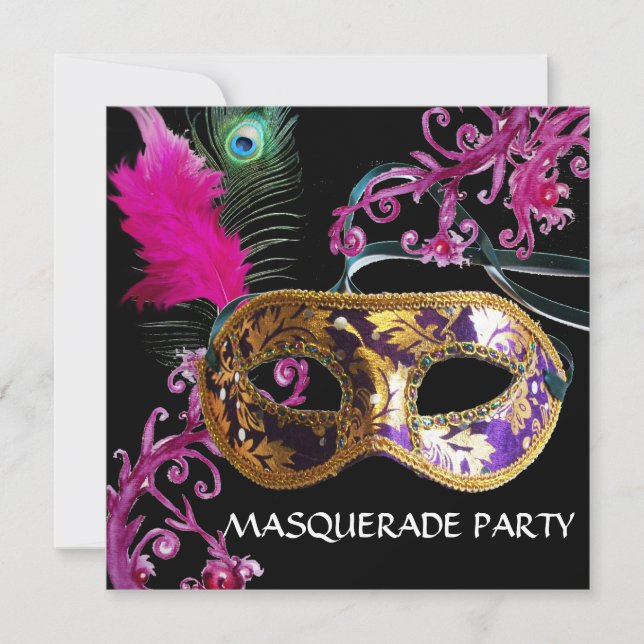 Invitation GOLD PURPLE FEATHER DAMASK MASK Masquerade Party (Devant)
