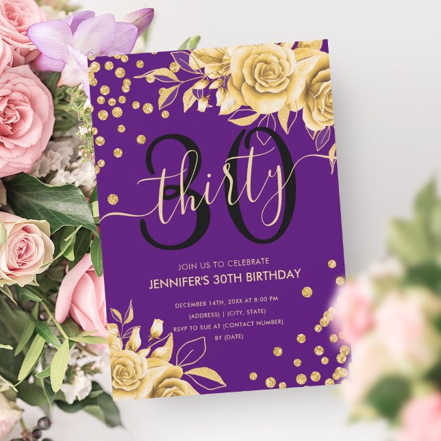 Invitation Gold Purple Floral Parties scintillant 30e Anniver (Gold Purple Floral Glitter 30th Birthday Script Invitation)