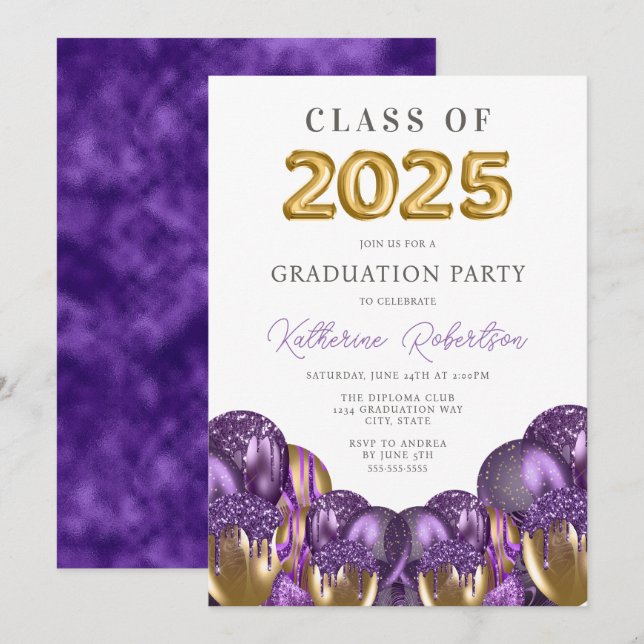 Invitation Gold Purple Graduation Party (Devant / Derrière)