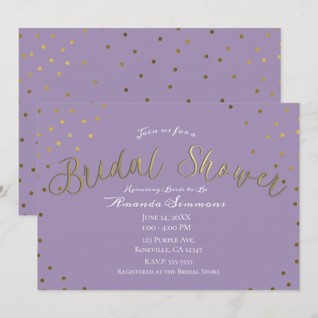 Invitation Gold & Purple Lilac Fête des mariées moderne Glam (Devant / Derrière)