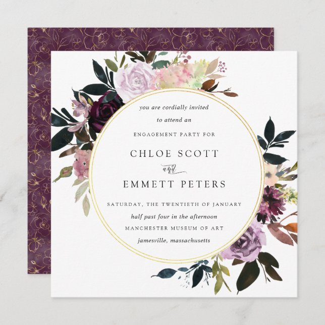 Invitation Gold Purple Mauve rose Floral Partie d'engagement (Devant / Derrière)