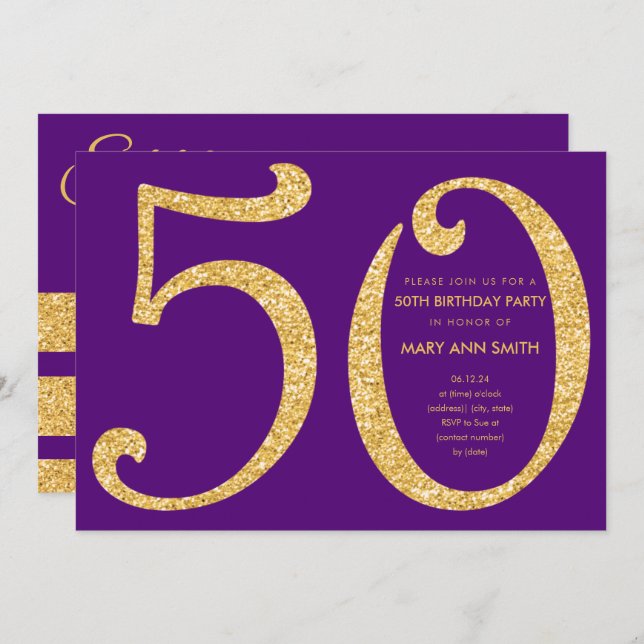 Invitation Gold Purple Parties scintillant Surprise 50e anniv (Devant / Derrière)