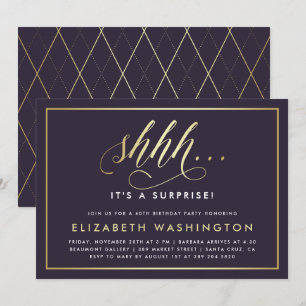Invitation Gold & Purple Surprise fête d'anniversaire