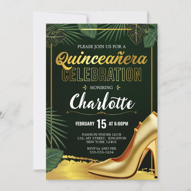 Invitation Gold Quinceanera Celebration Emerald Green (Devant)