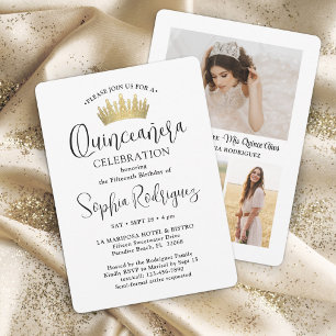 Invitation Gold Quinceañera Crown 3 Photo Modern Black White