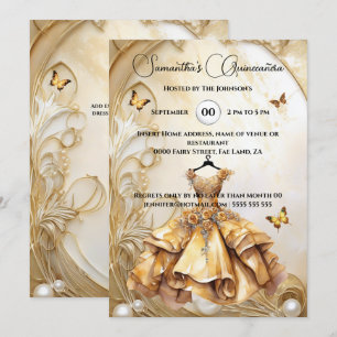 Invitation Gold Quinceañera robe de lest de luxe perle fleuri