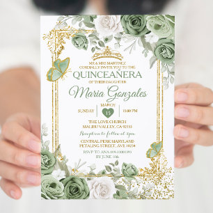 Invitation Gold Quinceañera Sage Green Crown Butterfly