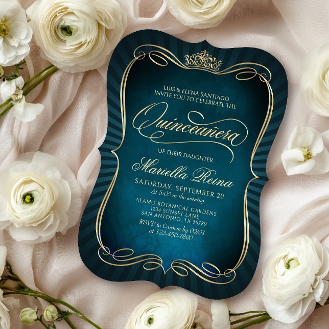 Invitation Gold Quinceañera turquoise (Créateur téléchargé)