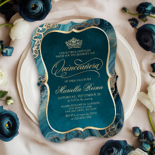 Invitation Gold Quinceañera turquoise