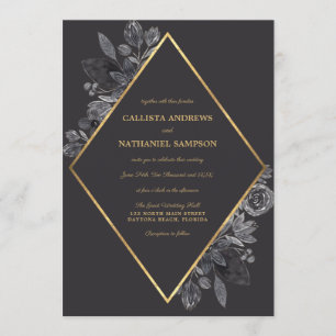 Invitation Gold Raven Black Floral Diamond Frame Mariage