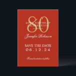 Invitation Gold Red 80th Birthday Enregistrer la date<br><div class="desc">Design élégant "80th Birthday Party" avec un script de typographie formel,  nom personnalisé et texte détaillé. Facile à utiliser et facile à personnaliser. Commandez aujourd'hui !</div>