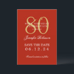 Invitation Gold Red 80th Birthday Enregistrer la date Détails<br><div class="desc">Design élégant "80th Birthday Party" avec un script de typographie formel,  nom personnalisé et texte de détails. Facile à utiliser et facile à personnaliser. Commandez aujourd'hui !</div>