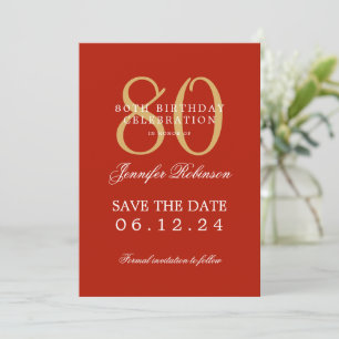 Invitation Gold Red 80th Birthday Enregistrer la date Détails