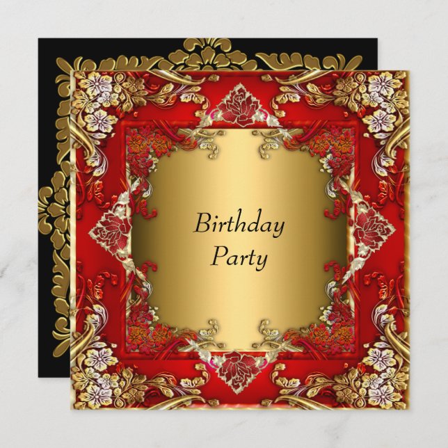 Invitation Gold Red Anniversaire Party rouge or (Devant / Derrière)