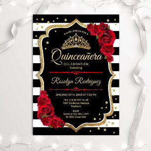 Invitation Gold Red Black White Stripes Quinceanera