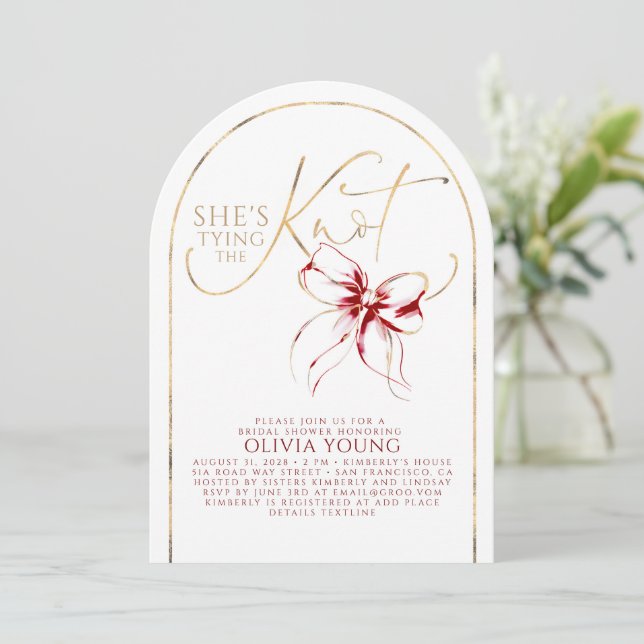Invitation Gold Red Bow She's Tying The Knot Bridal Shower (Debout devant)