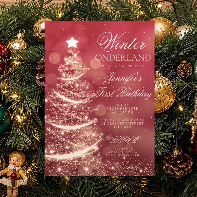 Invitation Gold Red Christmas Winter Onederland 1st Birthday (Gold Red Christmas Winter Onederland 1st Birthday Invitation)