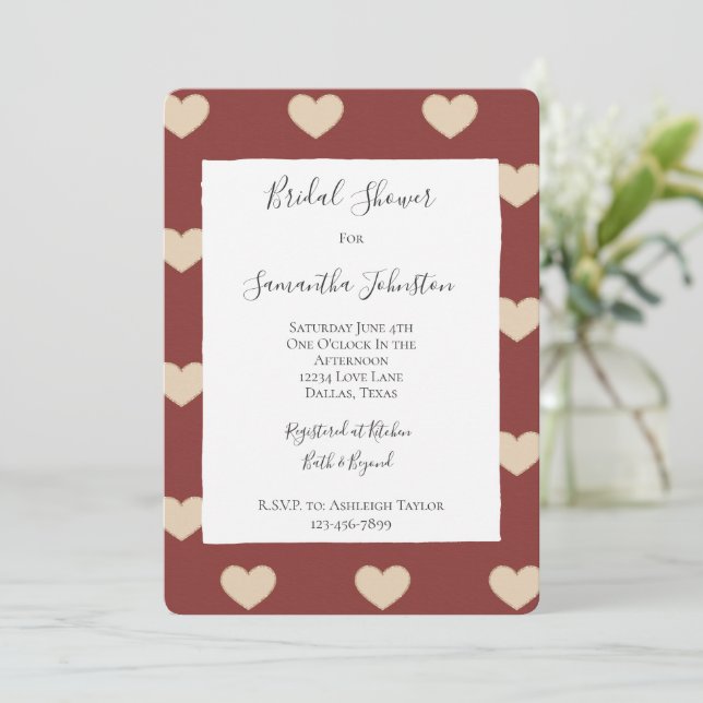 Invitation Gold Red Cream Glitter Hearts Bridal Shower (Debout devant)