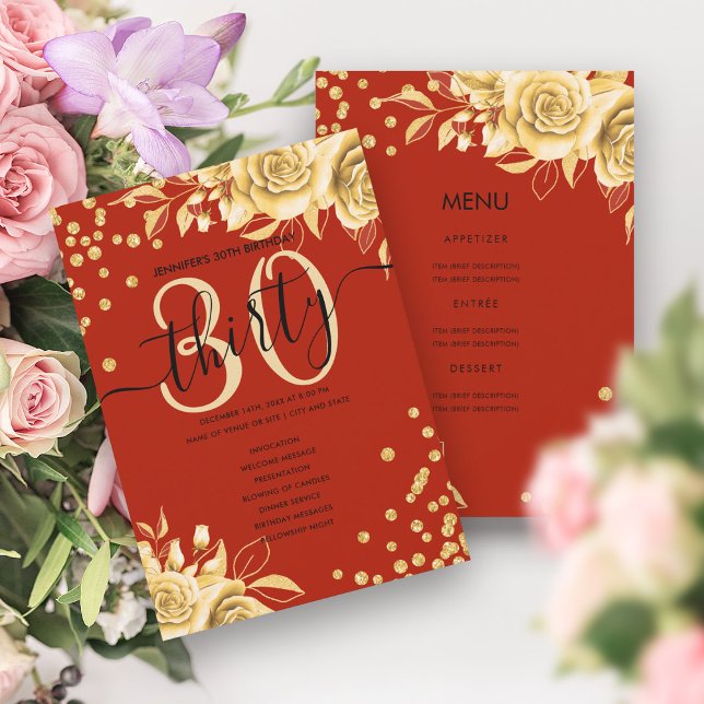 Invitation Gold Red Floral Parties scintillant 30th Birthday  (Gold Red Floral Glitter 30th Birthday Menu Program)