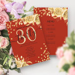 Invitation Gold Red Floral Parties scintillant 30th Birthday<br><div class="desc">Elégant Glam Gold Red Floral Parties scintillant 30th Birthday Script modèle avec programme de fête et texte de menu,  arrangements de fleurs,  confettis de parties scintillant et script de typographie moderne.</div>