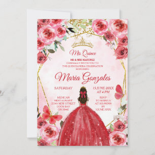 Invitation Gold Red Flowers Espagnol fille douce 15e annivers