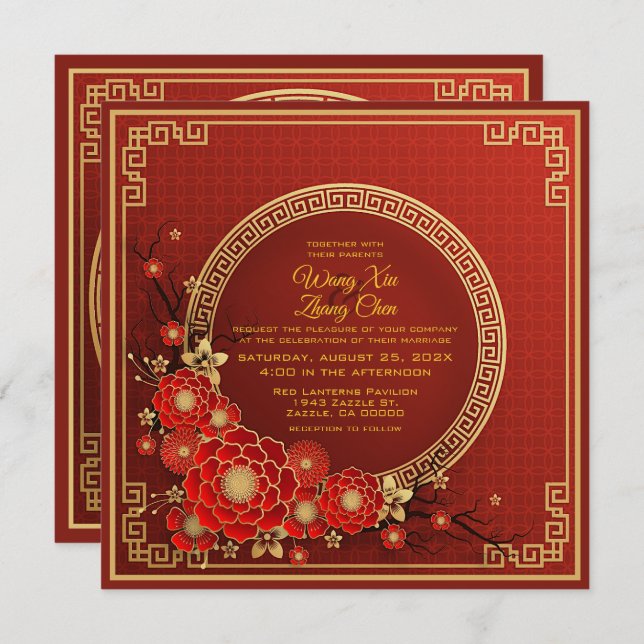 Invitation Gold & Red Flowers Mariage chinois bilingue (Devant / Derrière)