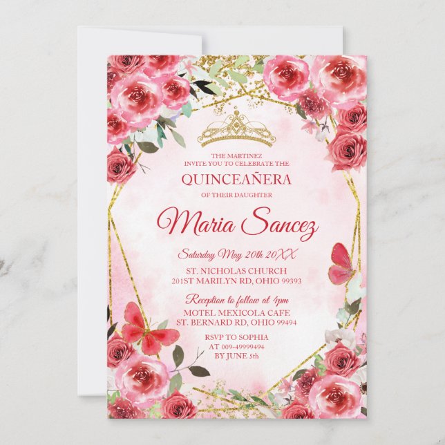 Invitation Gold Red Flowers Mexicaine fille Charra Mis Quince (Devant)