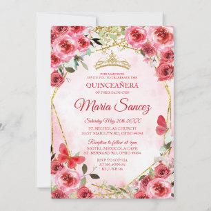 Invitation Gold Red Flowers Mexicaine fille Charra Mis Quince