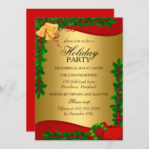 Invitation Gold Red Green Holly Feuilles Bell Noël